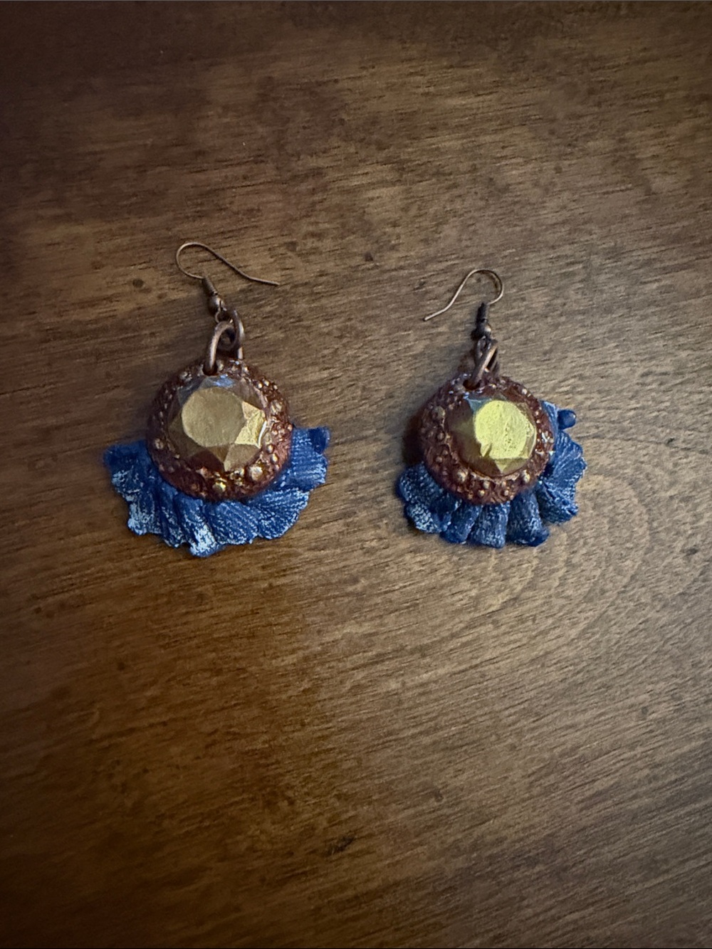 Ceramic clay denim Gold and Blue Statement Drop Earrings